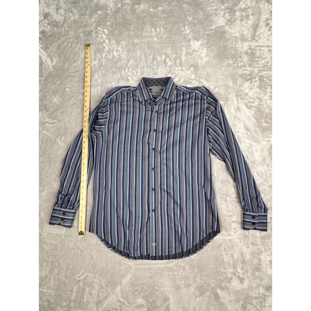 Thomas Dean Men Medium Button‎ Up Long Sleeve Shirt Beige Blue Stripe Cotton